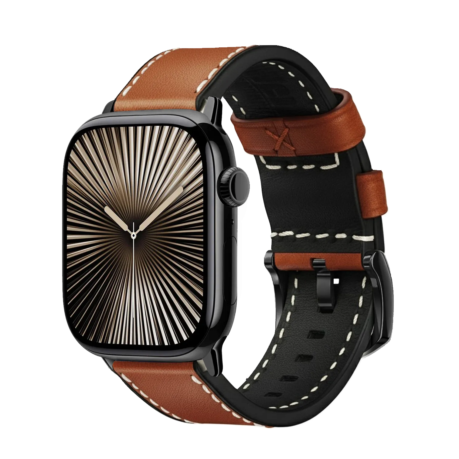 Hellbraun mit Kontrastnaht / 42mm / Schwarz Poliert