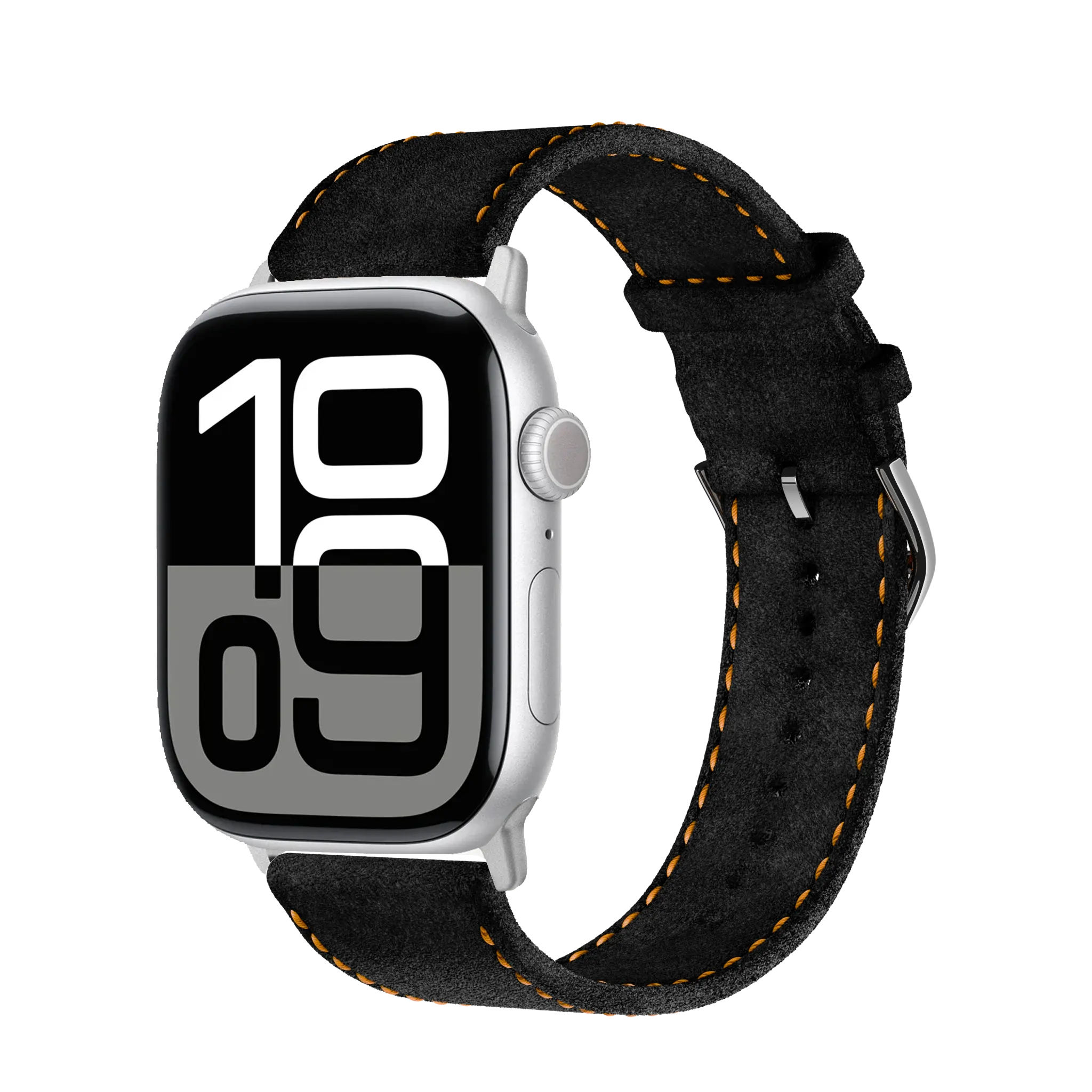 Tiefschwarz mit orangener Naht / 46mm / Aluminium Silber