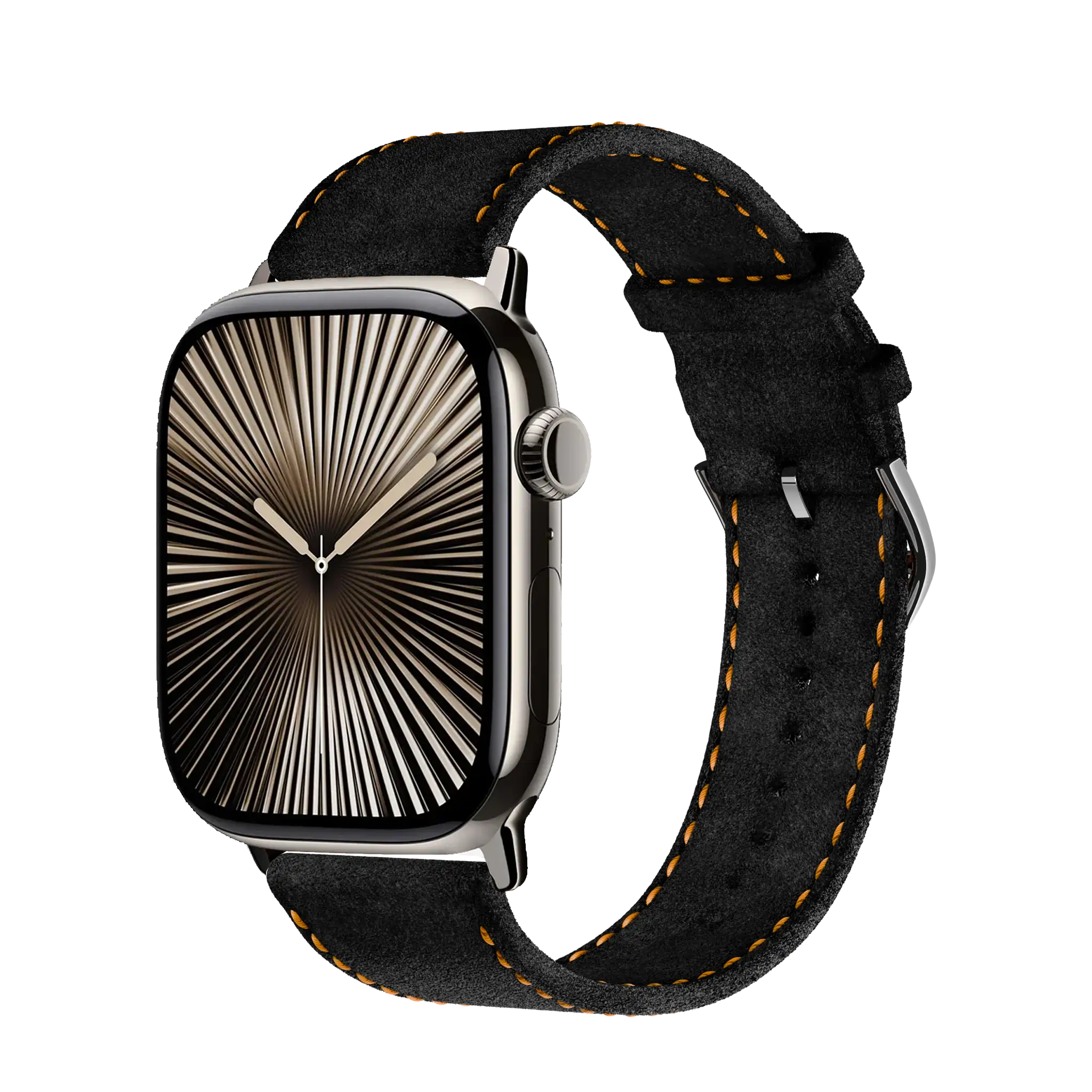 Tiefschwarz mit orangener Naht / 45mm / Edelstahl Silber